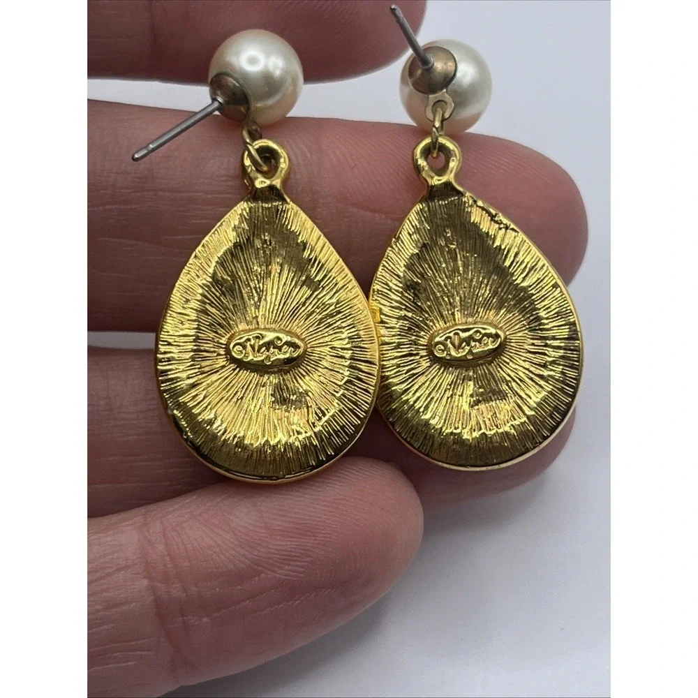 Vintage NAPIER Rhinestone  & Faux Pearl Dangle Drop Gold Tone‎ Post Earrings